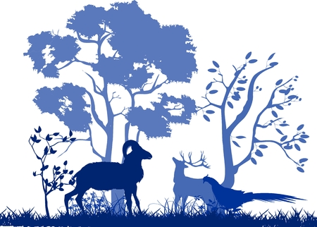 Blue vector silhouettes of wildlife, animals birds, grassのイラスト素材