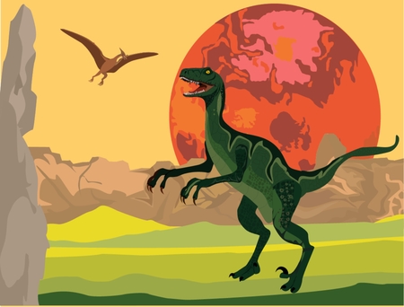 T-Rex dinosaurs on vector prihistoric landscape. Vector illustrationのイラスト素材