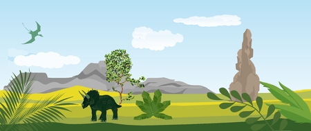 Triceratops and vector landscape, horizontal vector illustrationのイラスト素材