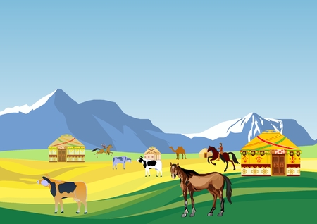 Kazakh nomad's village aul, jurts, horses, cows, vector landscapeのイラスト素材