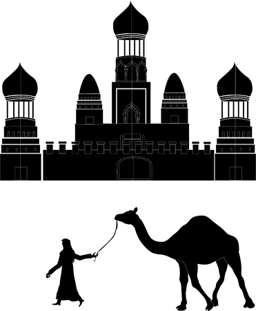 Black silhouettes of arab man, camel and palace.のイラスト素材