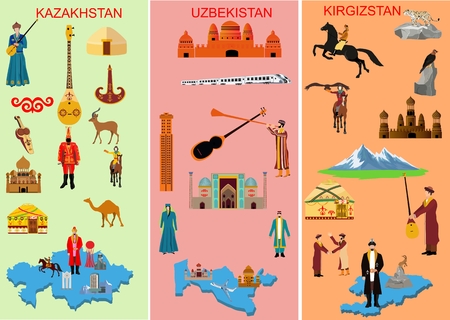 Set of three middle asian countries. Kazakhstan. Uzbekistan. Kyrgyzstan. Symbols of each country. Camel, people in national dress. Historical and, modern building, Musiacal instruments, nature, Mountain ,. Vector illustrationのイラスト素材