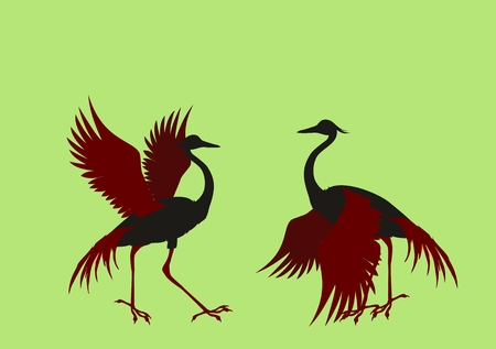 Silhouettes of 2 dancing Crane crane birds illustrationのイラスト素材