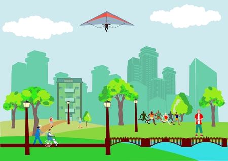 City landscape and urban life vector illustration. Flat designのイラスト素材
