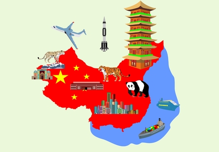 Map of China and Travel Icons. Vector Illustration.のイラスト素材