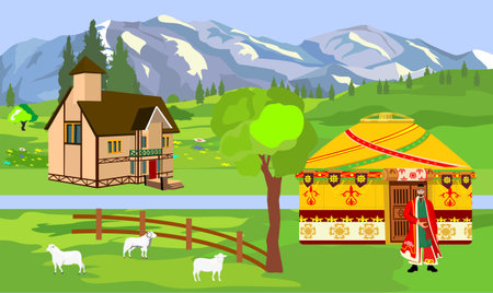 Vector landcape of Kazakhstan mountains, countrysideのイラスト素材