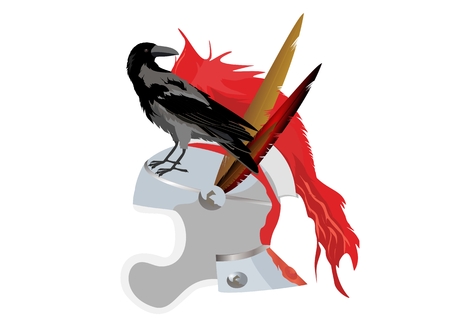 Warrior's helmet and Raven sitting on it, vector illustrationのイラスト素材
