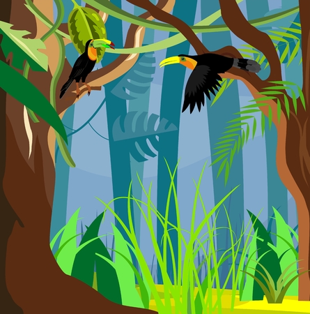 Jungle vector illustration toucan birds, leavesのイラスト素材