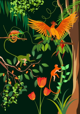 Jungle background with tropical birds, chameleon, monkeys vector illustrationのイラスト素材