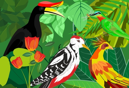 Birds on green plants vector composition, vector illustrationのイラスト素材