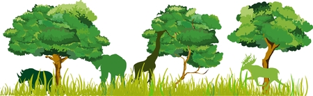 Animals silhouettes grazing and vector trees and grass, illustrationのイラスト素材