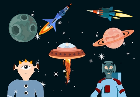 Space objects set, and alliens persons vector illustrationのイラスト素材
