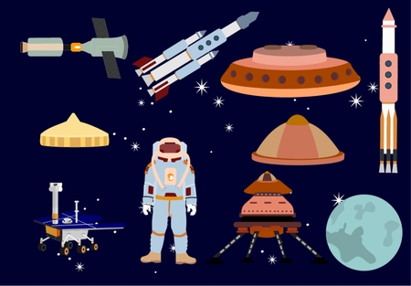Space objects set, isolated on black background vector illustrationのイラスト素材