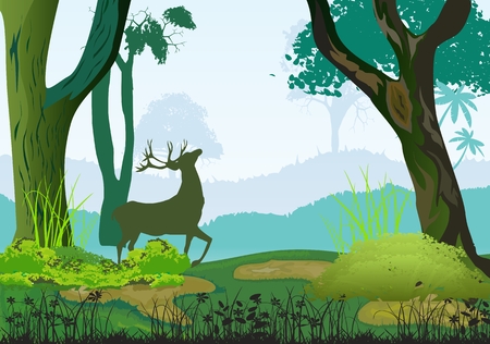 Deer sihlouette in forest, forest wildlife landscape silhouetteのイラスト素材