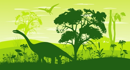 Prehistoric vector landscape, forest and dinosaurs silhouettesのイラスト素材