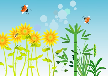 Sunflowers and bugs on blue sky background, vector illustrationのイラスト素材