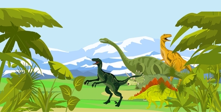 Dinosaurs walking vector illustration, prehistoric age landscapeのイラスト素材