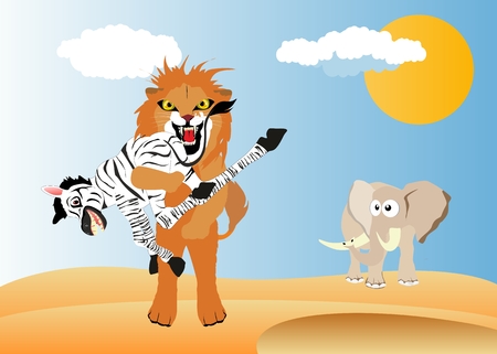 Lion funny character eating zebra, vector illustrationのイラスト素材