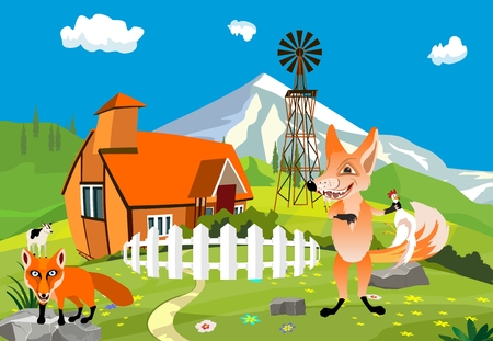 On the farm funny animals chcracters, foxのイラスト素材