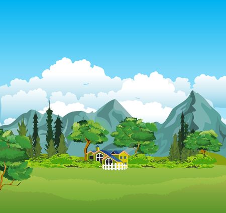 Countryside view, houses on mountains, green valley vector illustrationのイラスト素材