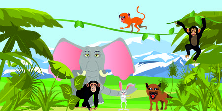 Horizontal cartoon vector animals in jungles vector illustrationのイラスト素材