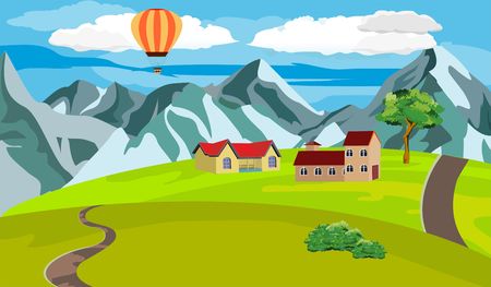 Vector landscape, hills, air baloon, mountains, clouds, road, and houseのイラスト素材