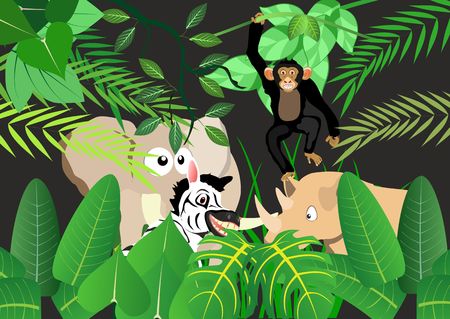Cartoon animal's set in jungle background vector illustrationのイラスト素材