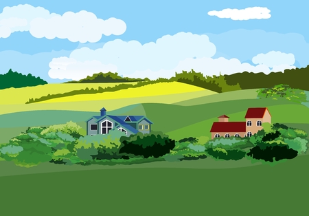 Countryside landscape vector illustration,green fields, houses and blue sky.のイラスト素材