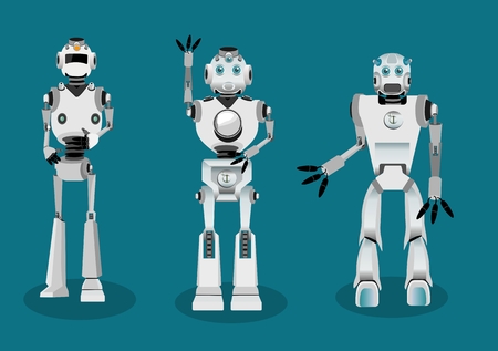 Set of androids robot character in different interactive poses.のイラスト素材