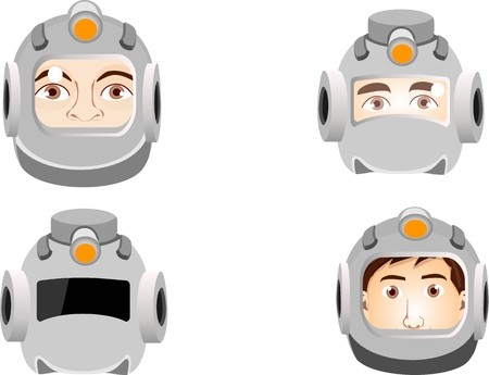 Human heads in space suits, isolated vector illustration. Portraits of a man cosmonaut in space.のイラスト素材