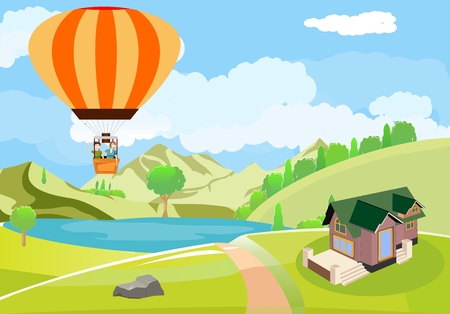 People travels on air balloon, view from above at countryside landscapeのイラスト素材