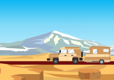 Off road automobile with trailer, desert mountains in the backgroundのイラスト素材