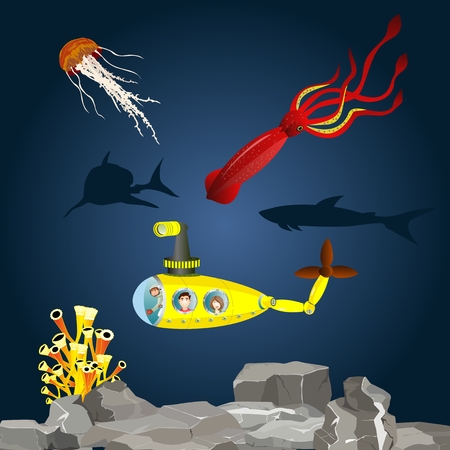 Submarine with kids in Underwaterのイラスト素材