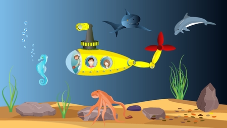 Submarine with kids swimming in deep sea world vector illustrationのイラスト素材