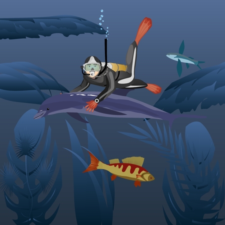 Diver swimming with dolphin in deep waterのイラスト素材