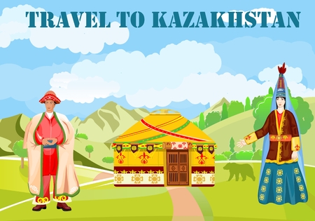 Travel to Kazakhstan concept vector illustration, man and woman in traditional dressのイラスト素材