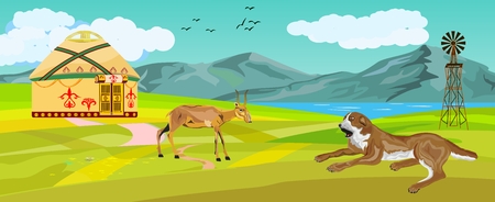 Dog lying, antelope saiga, kazakhstan countryside view, vector illustrationのイラスト素材