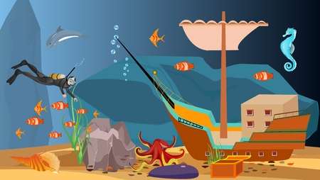 Underwater scene diver and sunken ship with treasure, vector.のイラスト素材