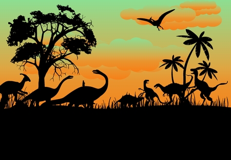 Prehistoric vector landscape with dinosaurs silhouettesのイラスト素材