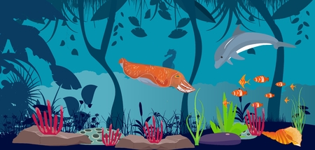 Underwater scene, sea animals, marine life, vector illustrationのイラスト素材