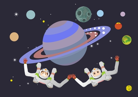 Boy and girl in astronauts suits in open space , vector illustration, background.のイラスト素材