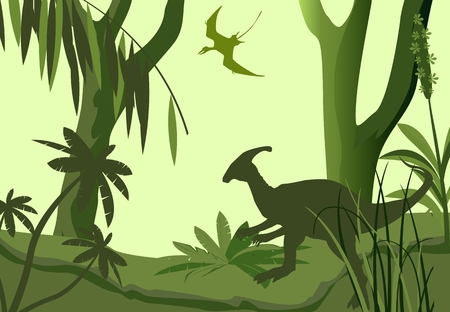 Prehistoric age dinosaurs vector silhouettes. Nature vector sceneのイラスト素材
