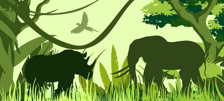 Elephant and rhino green silhouettes in african savannah, vector illustration.のイラスト素材