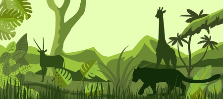 African savannah with inhabitants, vector silhouettes, giraffe, lion, antilopeのイラスト素材