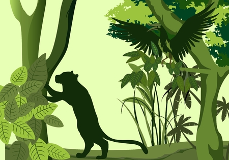 Vector silhouette of lion leaning on tree, tropical bird on tree, wildlife silhouette, vectorのイラスト素材