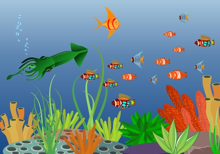 Underwater scene, ocean habitant in deep sea, fishes, corals, vector illustrationのイラスト素材