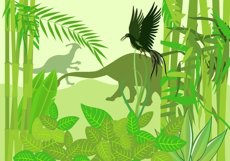 Prehistoric wildlife scene, dinosaurs silhouettes in the ancient forest, vector.のイラスト素材