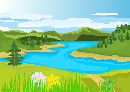 River at hills landscape illustration.のイラスト素材