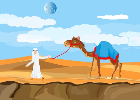 Arab man character with camel walking on desert, vector illustration.のイラスト素材