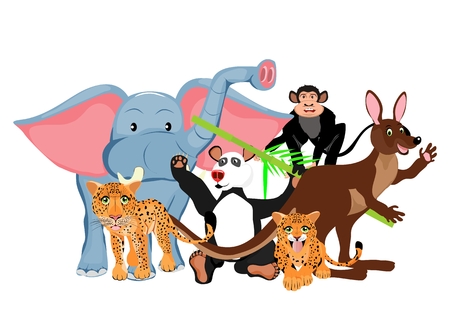 Funny cartoon animals vector set, kangaroo, elephant, ape, leopard.のイラスト素材